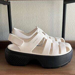 CROCS Stomp Fisherman Platform Sandals in White & Black NEW Sz.10